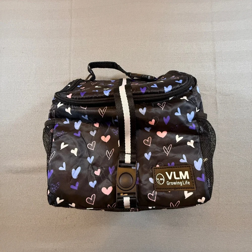 VLM Growing Life Insulated Lunch Bag Black Heart Print Buckle Closure Small